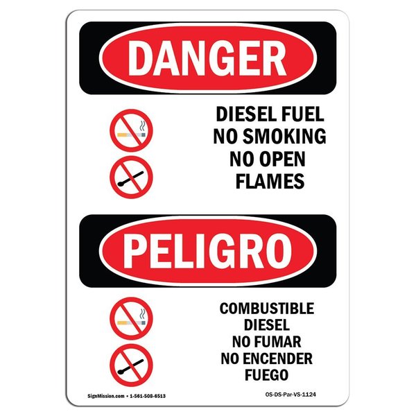 Signmission OSHA Sign, Diesel Fuel No Smoking Bilingual, 24in X 18in Decal, 18" W, 24" L, Bilingual Spanish OS-DS-D-1824-VS-1124